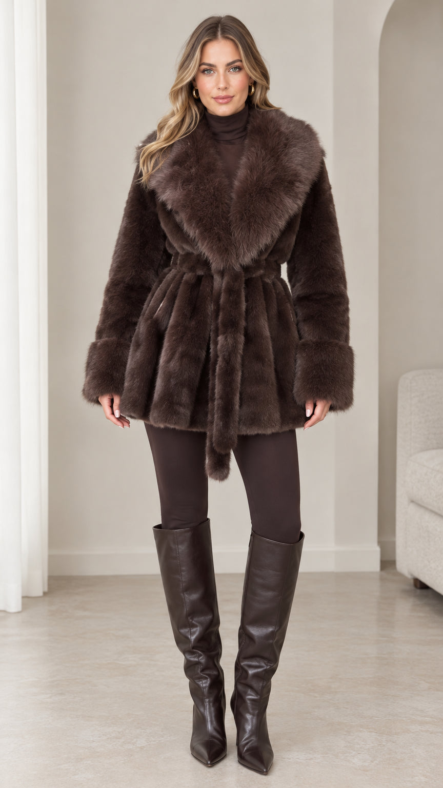 Full front view of model wearing chocolate brown plush faux fur belted coat with boots