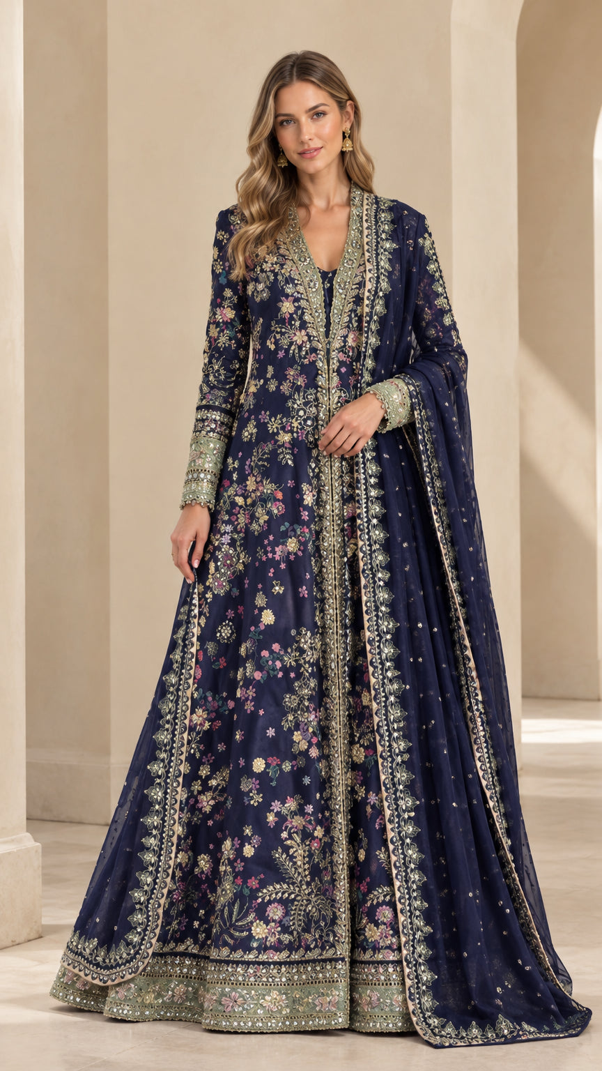 Front view of woman wearing navy blue embroidered floor-length gown with dupatta