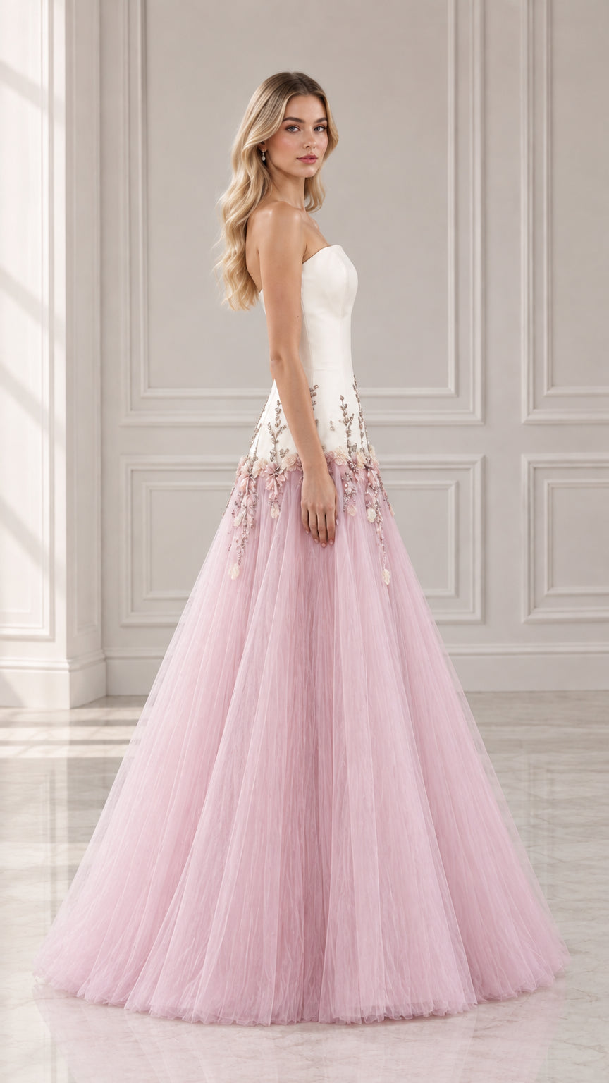 Side profile of strapless white and pink ball gown featuring layered tulle skirt