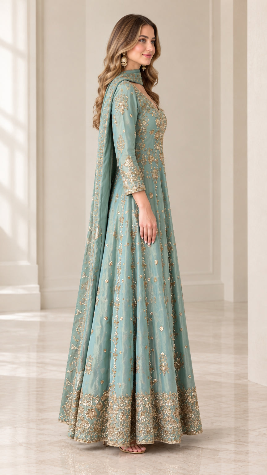 Side profile of woman in sage green floor-length embroidered gown