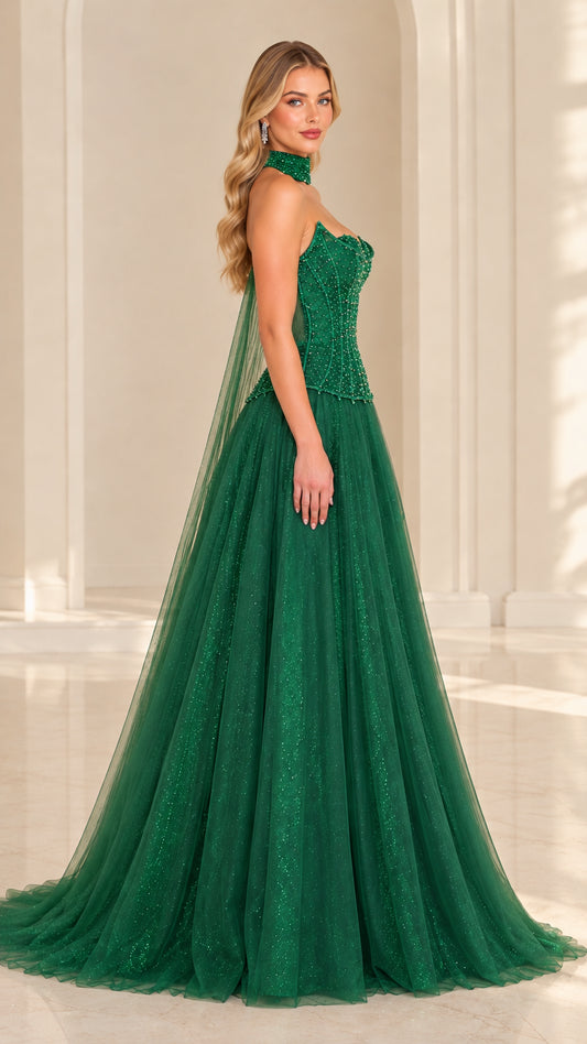 Side profile of Emerald Green beaded corset formal gown showing flowing cape train