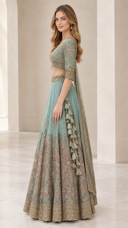 Side profile view of sage green embroidered lehenga choli set with waist tassels