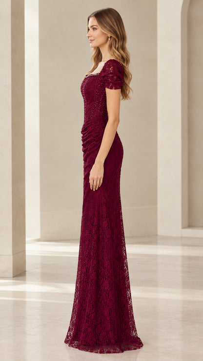 Side profile view of Burgundy floor-length lace formal gown