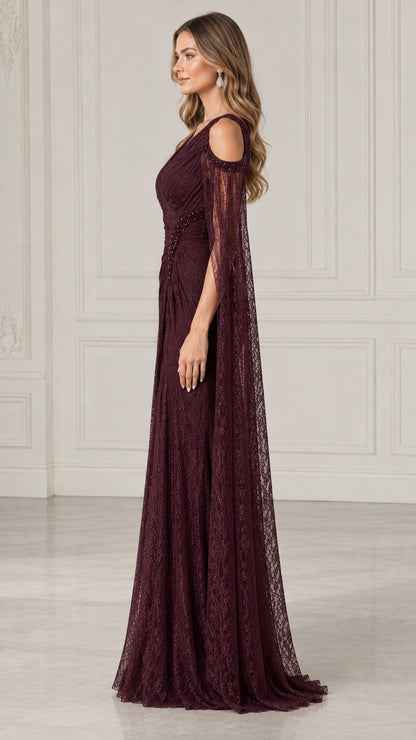 Burgundy lace cape sleeve formal gown side profile view