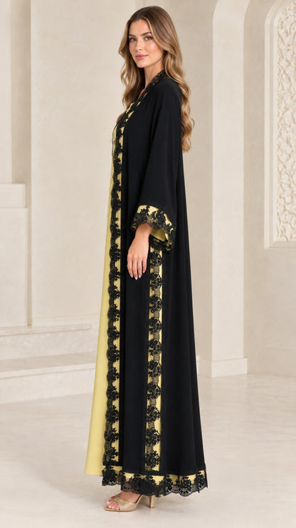 Black open-front abaya dress set with lace border detailing - side angle view