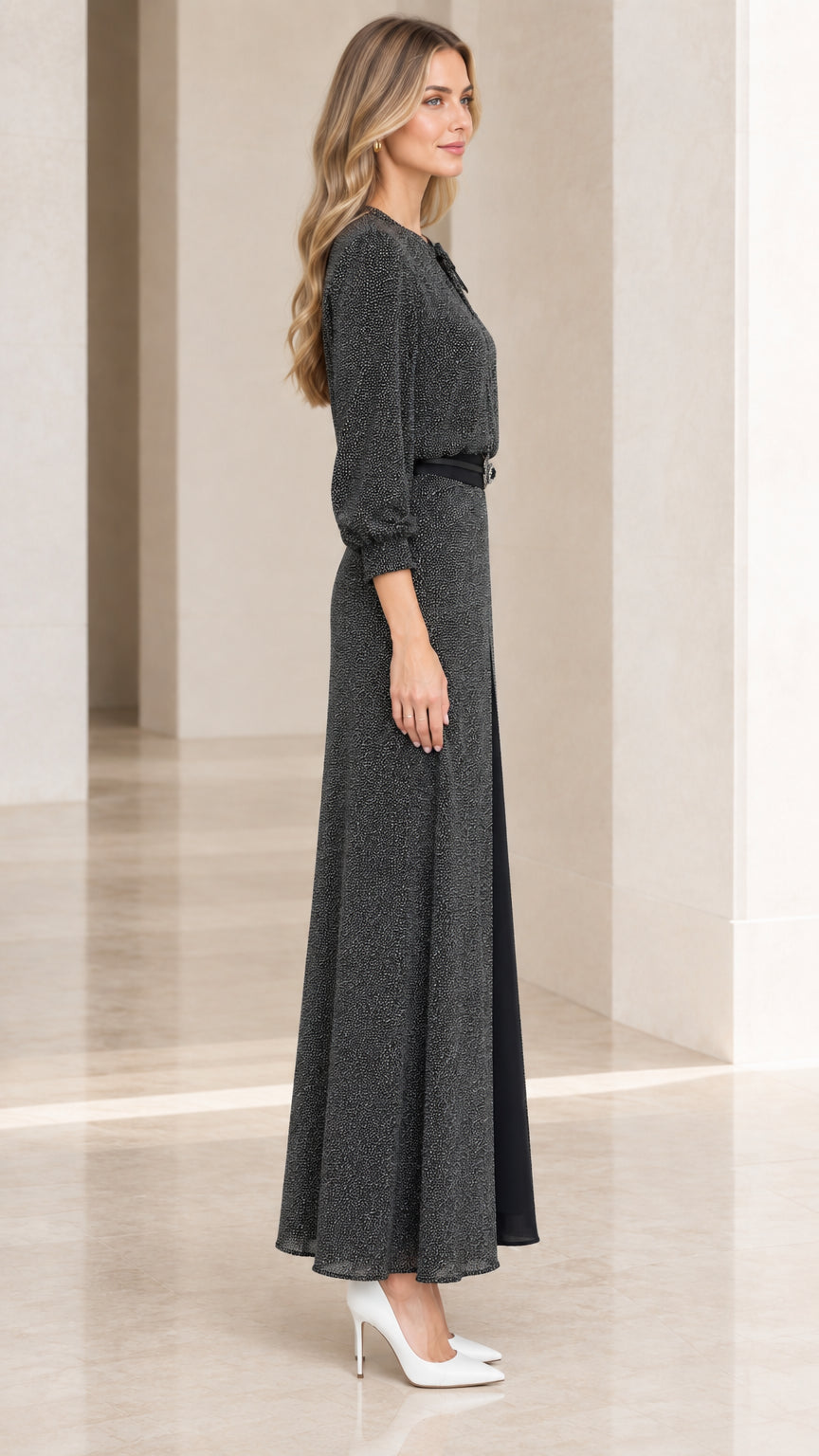 Side profile view of charcoal micro-print long sleeve maxi dress