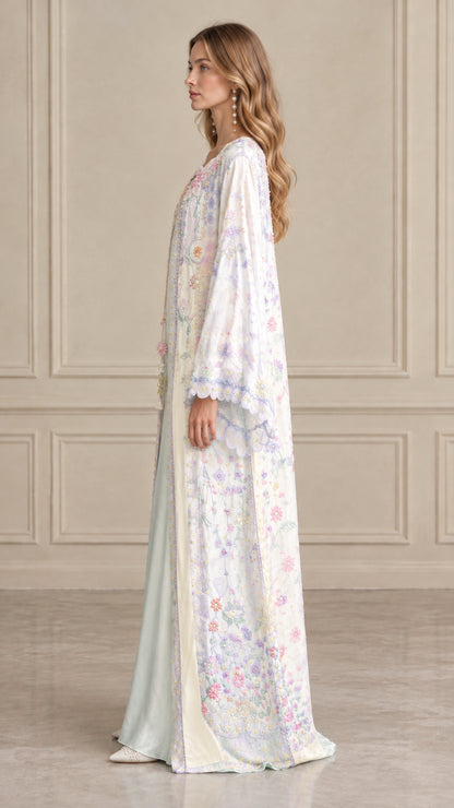 Mint Green floral embroidered maxi robe and dress side view