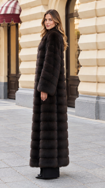 Side profile of woman in dark brown full-length faux fur coat