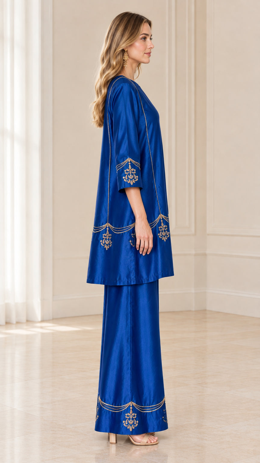 Side profile view of model in royal blue satin tunic and matching wide-leg pants