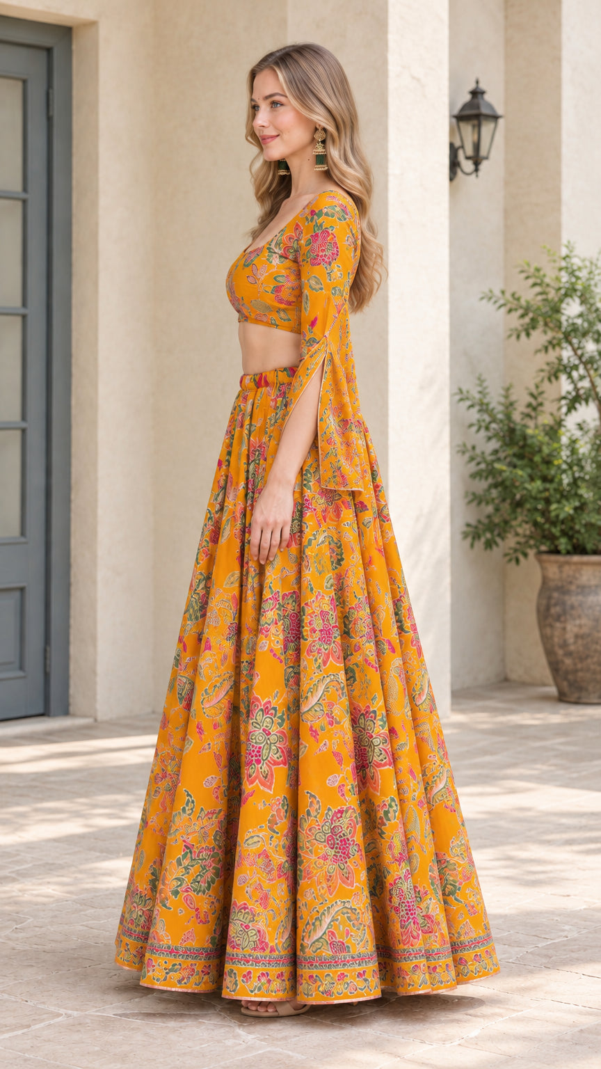 Side view of model wearing Mustard Yellow floral two-piece maxi skirt set