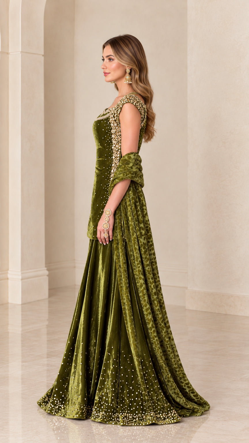 Side profile view of woman modeling olive green velvet 3-piece evening set