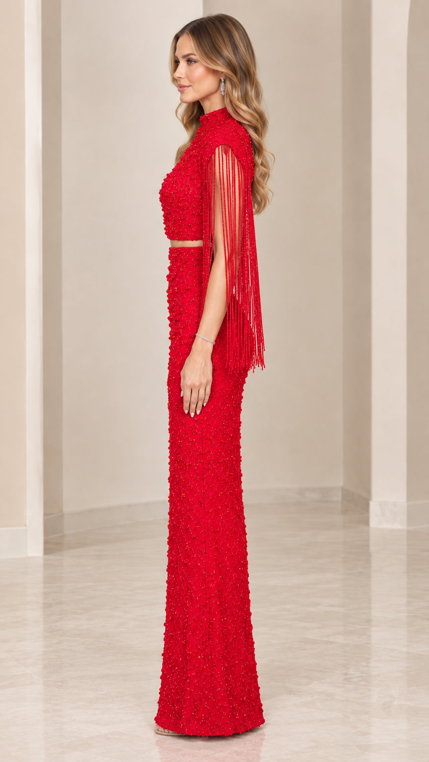 Side profile view of red beaded two-piece maxi formal dress set