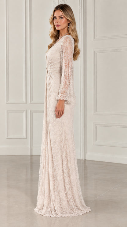 Side profile view of Champagne long sleeve lace maxi dress