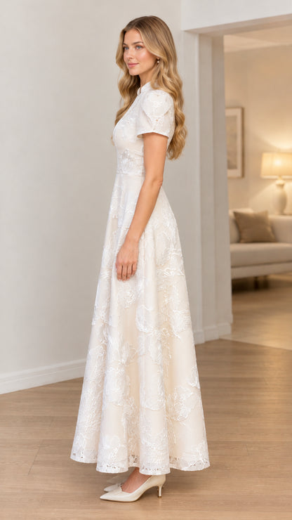 Ivory floral jacquard maxi dress side profile view