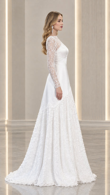 Side profile view of white long sleeve formal gown with lace train