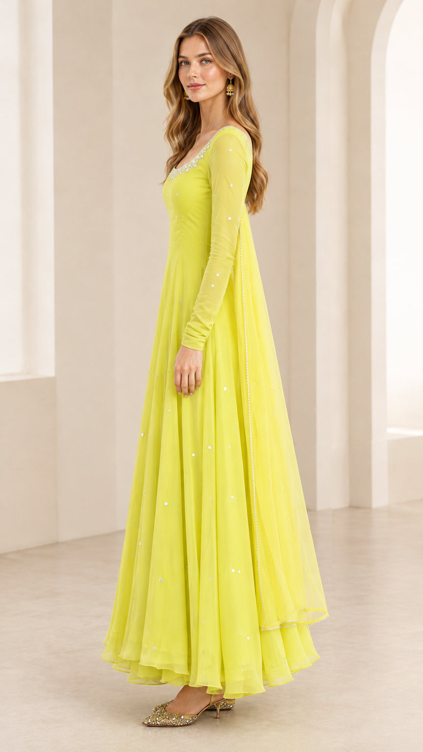 Side profile view of Lime Green long sleeve flowy Anarkali dress