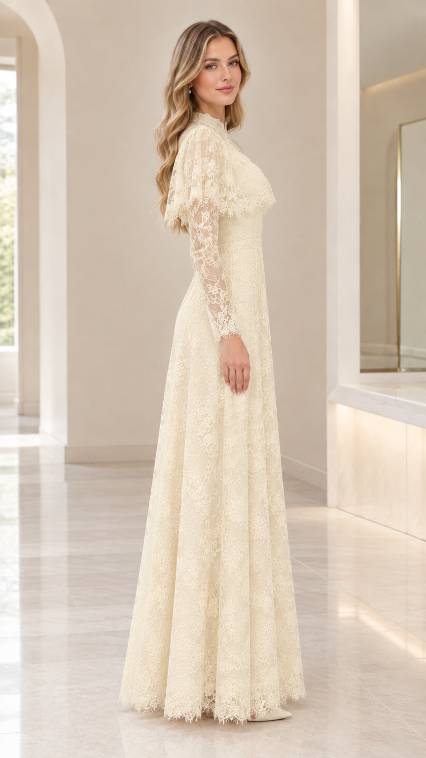 Side profile of woman in elegant ivory long sleeve lace gown