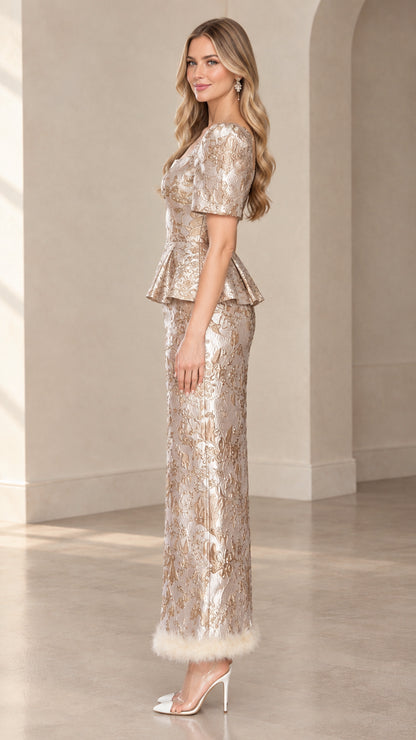 Side profile view of champagne metallic jacquard peplum evening two piece set