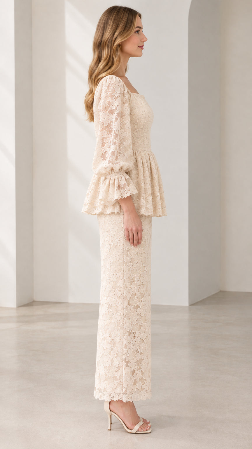 Side profile of Cream Floral Lace Peplum Maxi Dress with flounce sleeves
