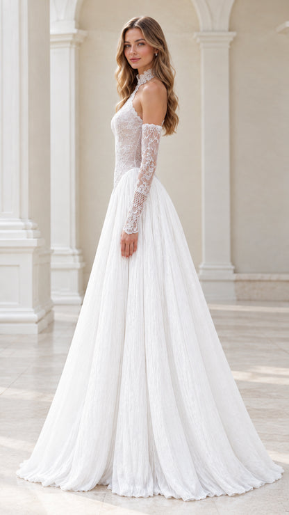 White lace halter evening gown side profile view