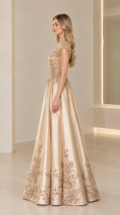 Side profile of Champagne Gold formal evening dress with sheer cap sleeves