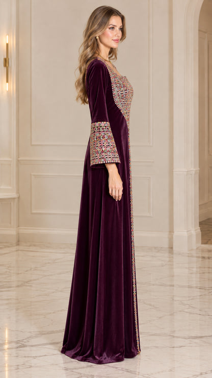 Side profile view of Deep Plum embroidered velvet maxi dress showing sleeve detail