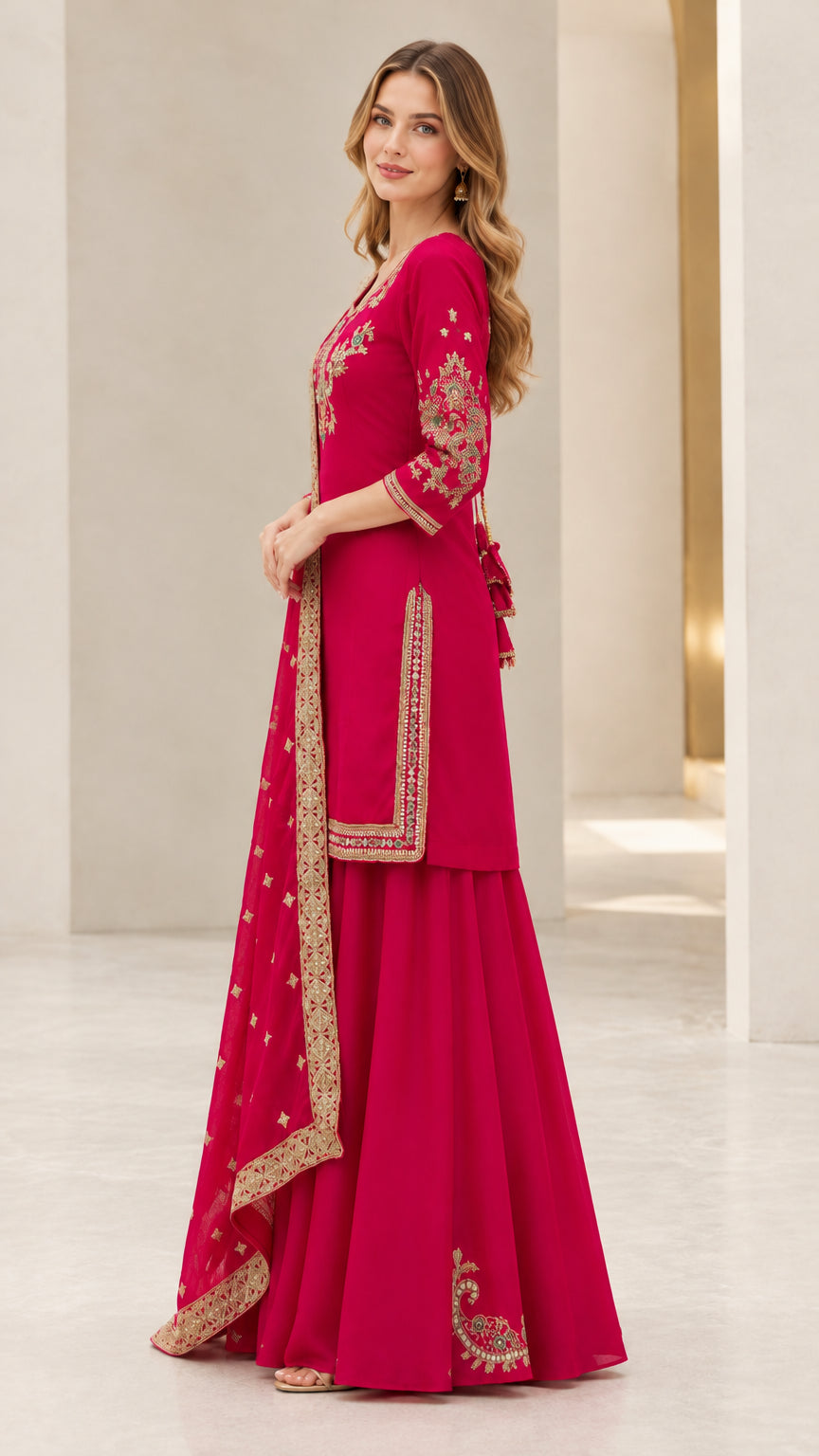 Side profile view of fuchsia embroidered sharara suit set