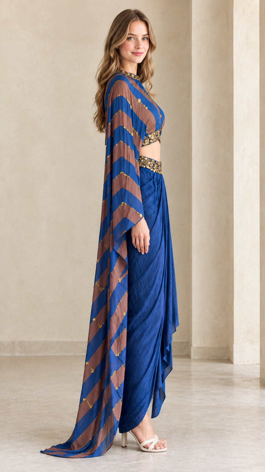 Side view of model showing flowing cape sleeves in Royal Blue set