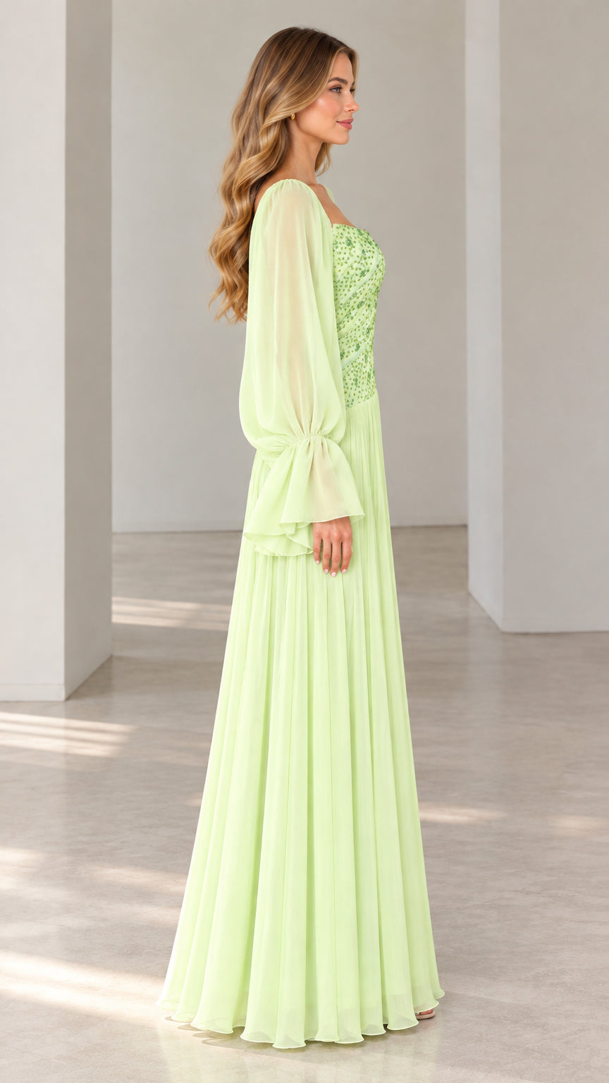 Side profile view of mint green chiffon formal maxi dress with bell cuffs