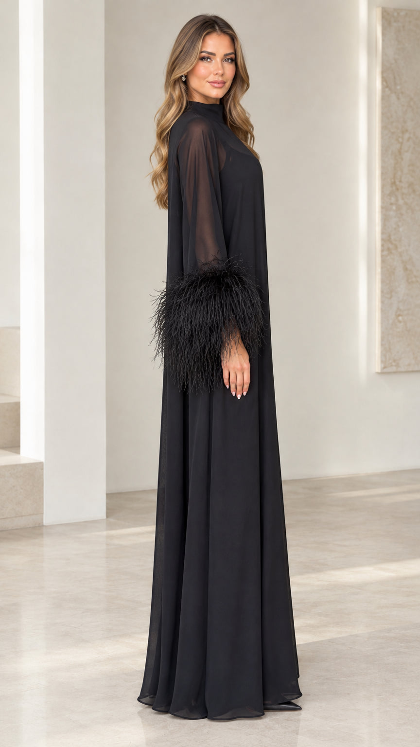 Side angle view of flowing black evening maxi dress with feather sleeve trim