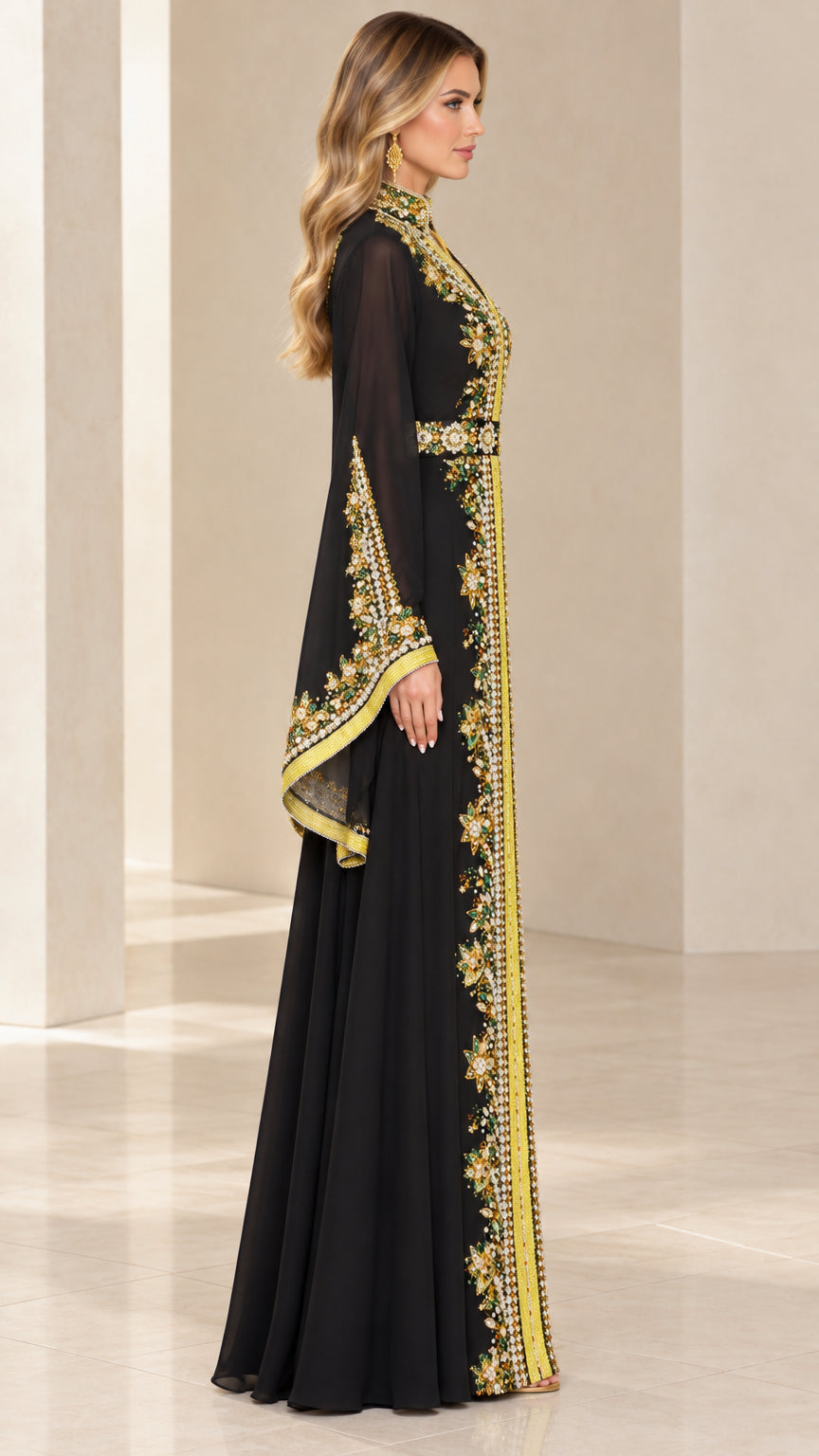 Side profile view of black caftan dress showing flared sleeves and full length