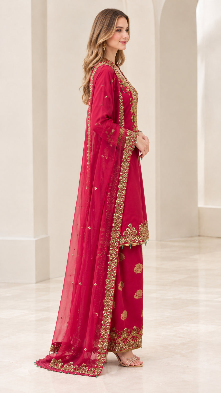 Side profile view of women wearing the raspberry pink embroidered kurta set with draped dupatta