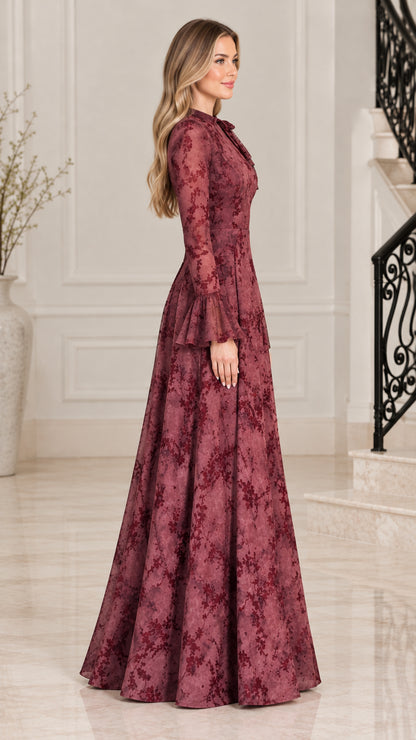 Burgundy floral jacquard maxi gown side profile view