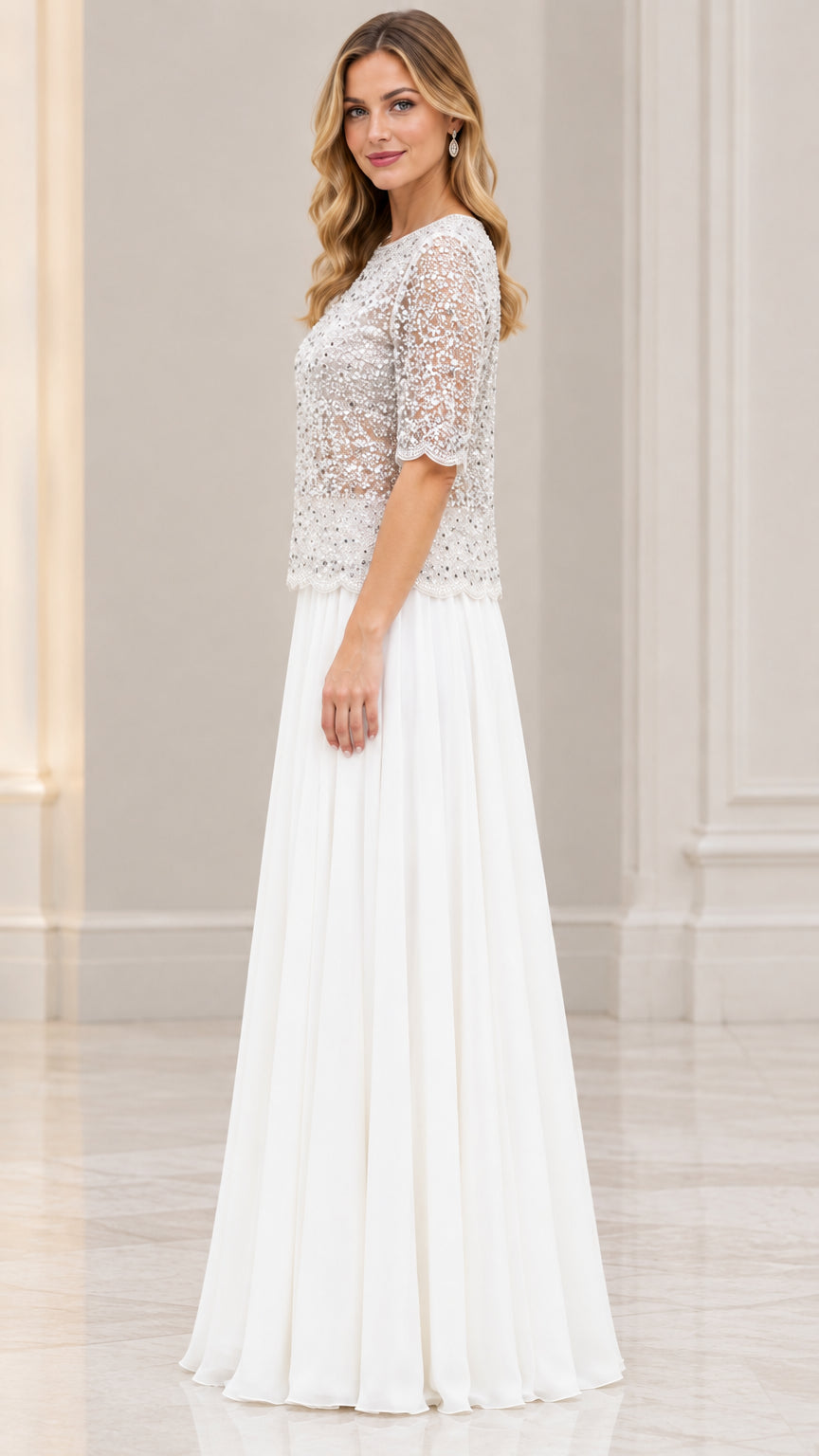 Side angle view of model in Ivory half sleeve sequin chiffon evening dress