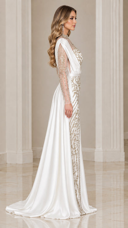 Side profile view of white embellished long sleeve formal dress with satin drape
