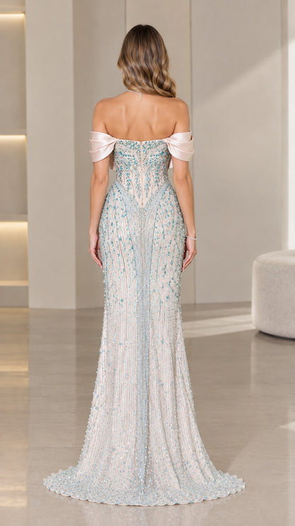 Back view of ice blue off-the-shoulder floor-length gown with train