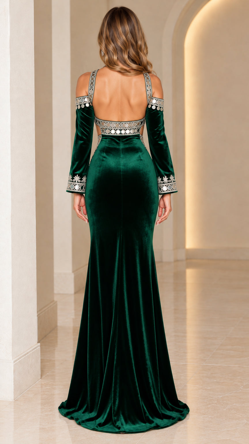 Back view of model in Emerald Green velvet evening dress featuring open back design