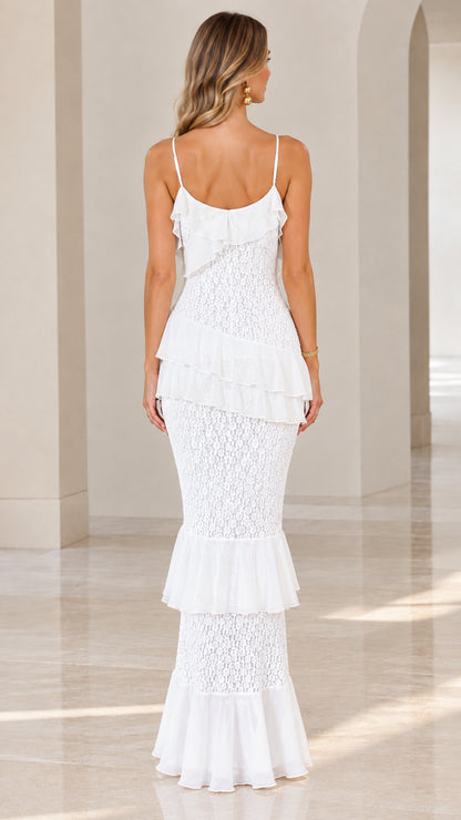 Back view of model wearing white tiered ruffle lace maxi dress