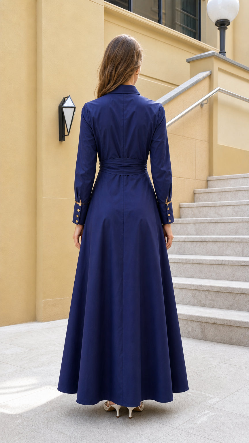Back view of navy maxi dress showing flowing skirt