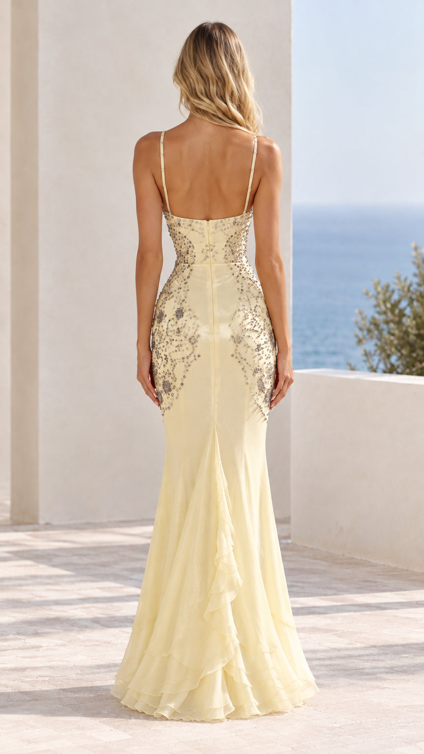Back view of Pale Yellow low-back spaghetti strap evening gown
