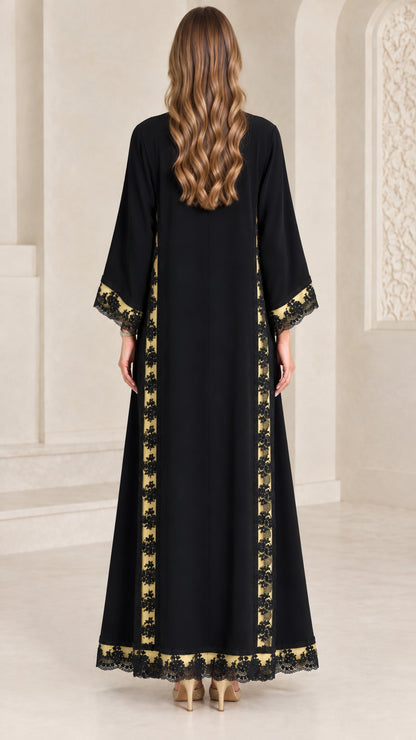 Black modest maxi abaya dress set - back view showing elegant drape and lace hem