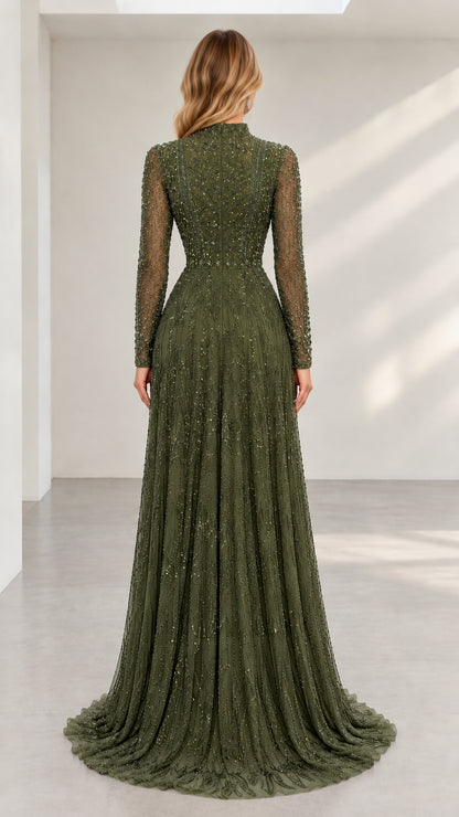 Back view of olive green beaded gown showing fitted silhouette and concealed zipper