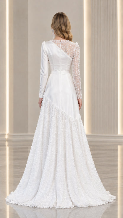 Back view of white satin and lace evening maxi dress