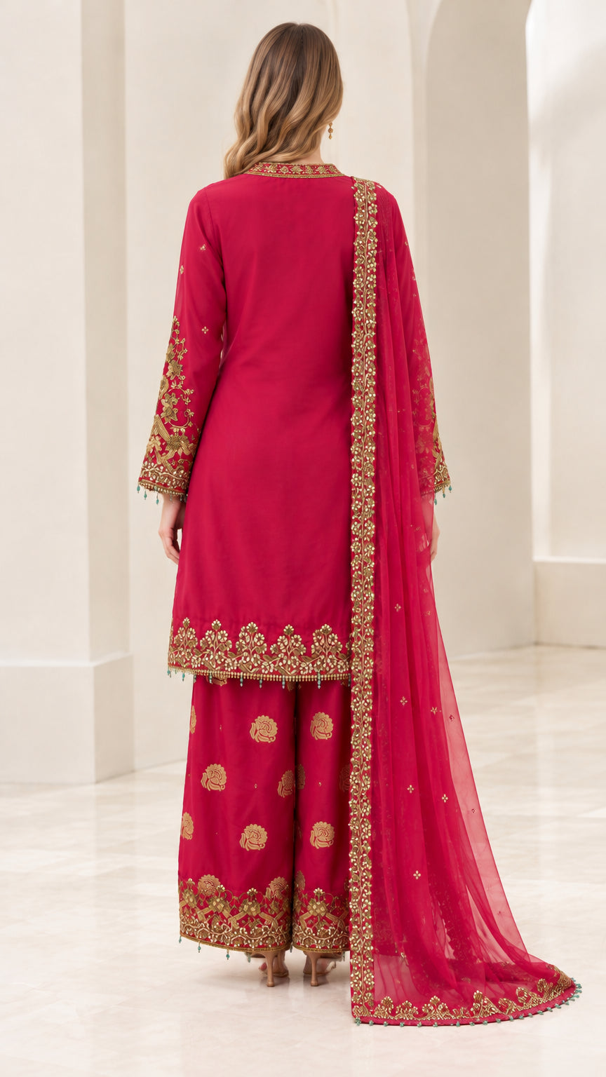 Back view of women's raspberry pink 3-piece suit set showing clean tunic back and palazzo pants