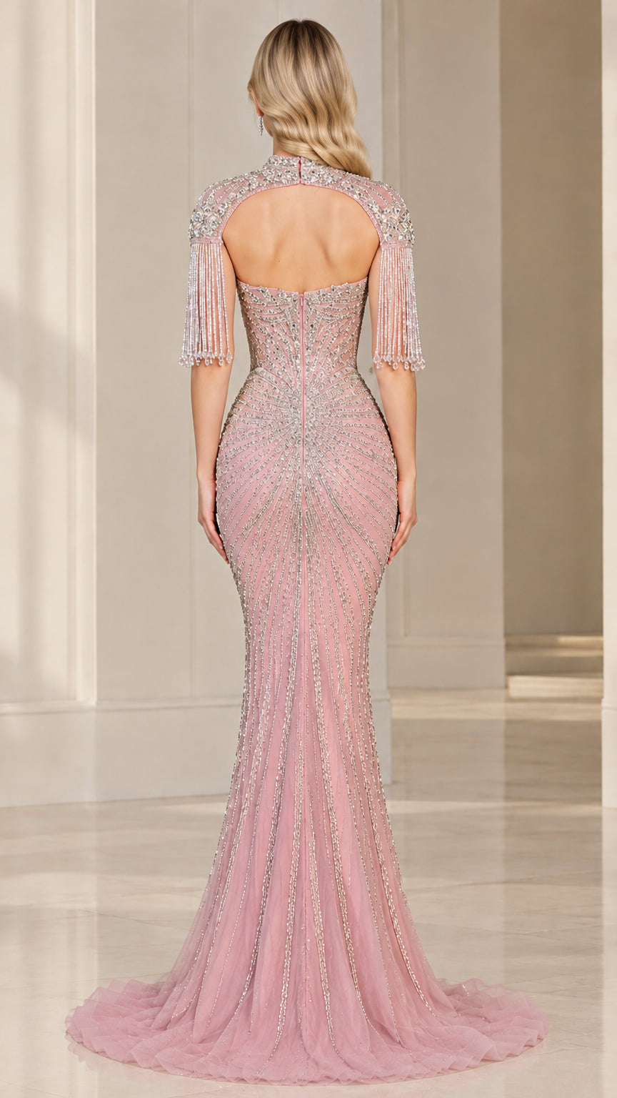 Back view of dusty pink open back beaded mermaid gown with train