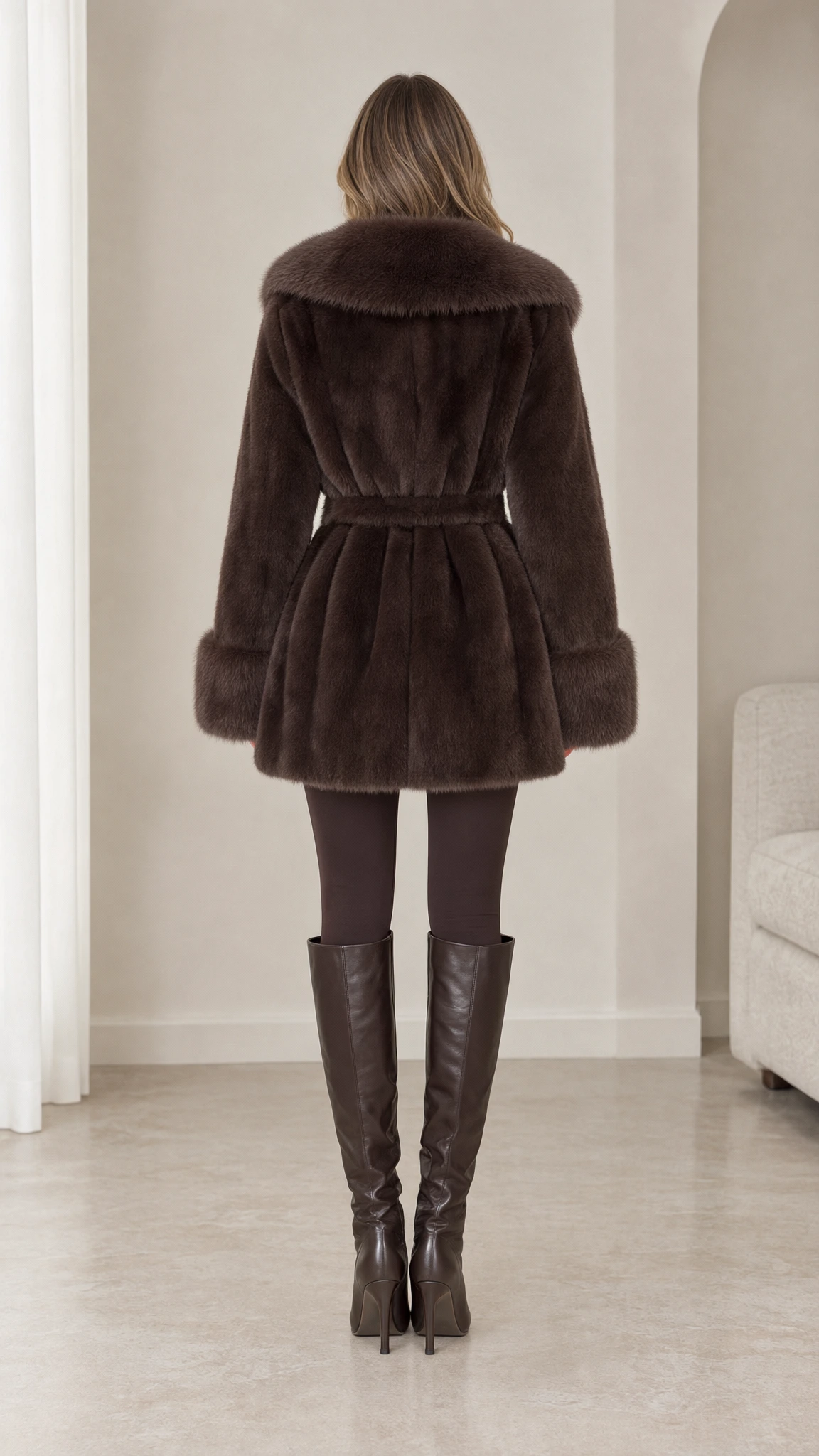 Back view of model showcasing belted waist and flared hem of chocolate brown fur coat