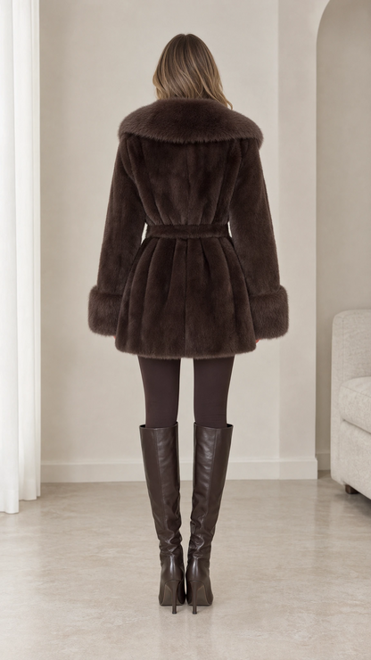 Back view of model showcasing belted waist and flared hem of chocolate brown fur coat