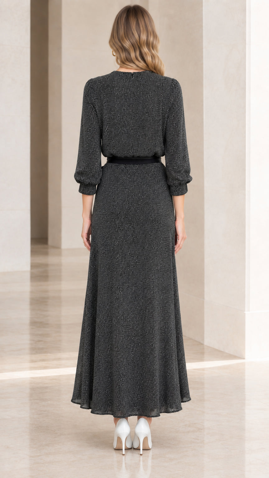 Back view of charcoal belted A-line maxi dress