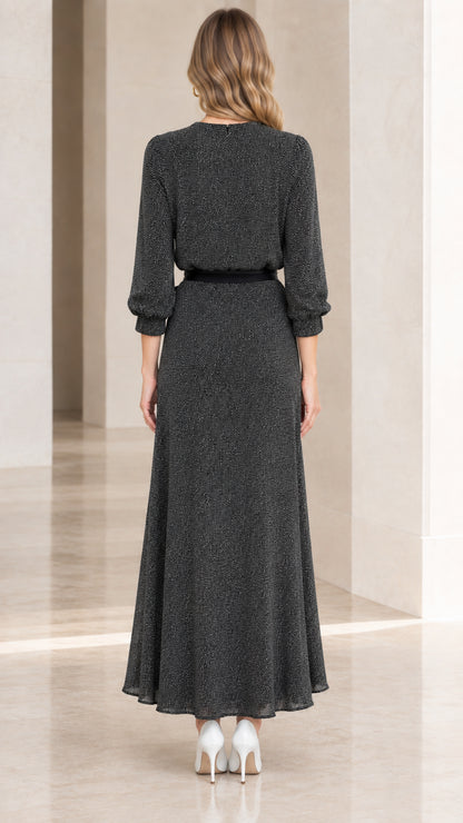 Back view of charcoal belted A-line maxi dress