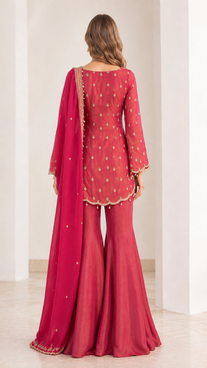Back view of Berry Pink embroidered sharara suit set with flowing dupatta